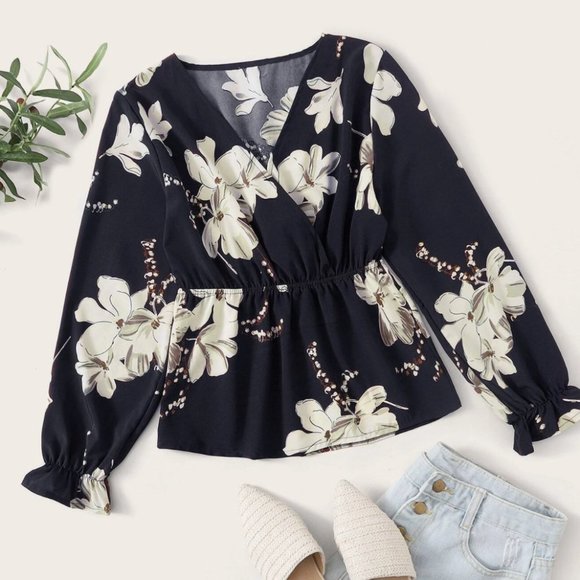 Tops - Floral Print Surplice Front Peplum Blouse NWOT